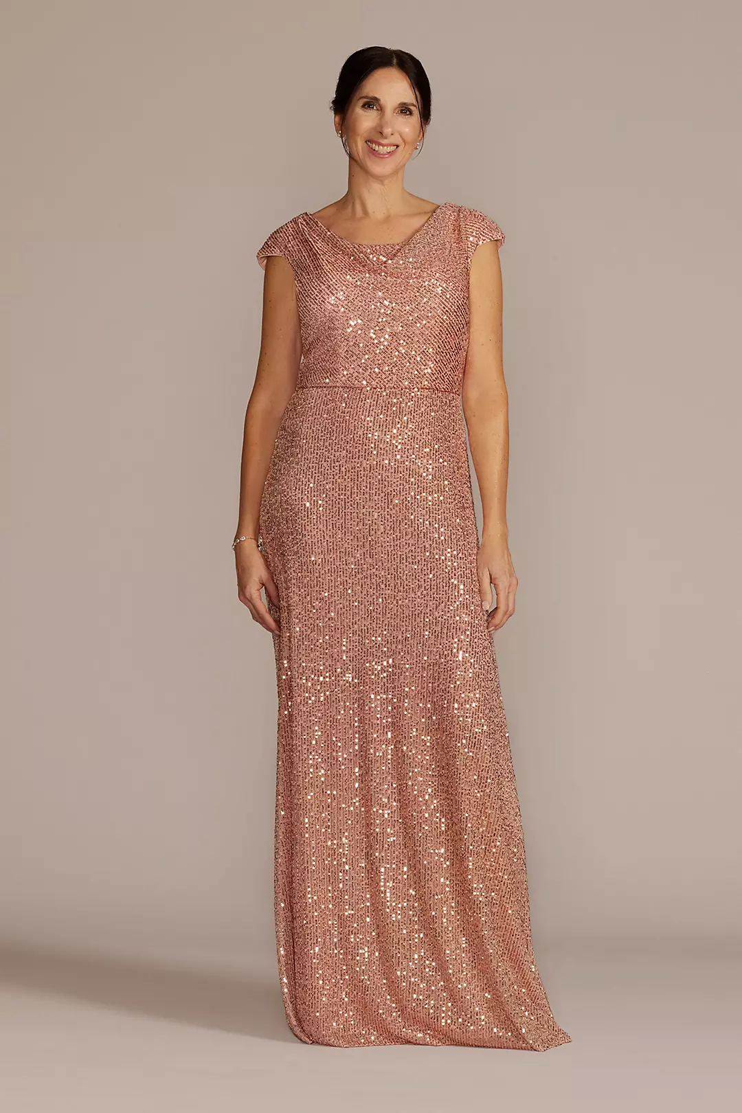 Cowl Neck Cap Sleeve Allover Sequin Gown Image