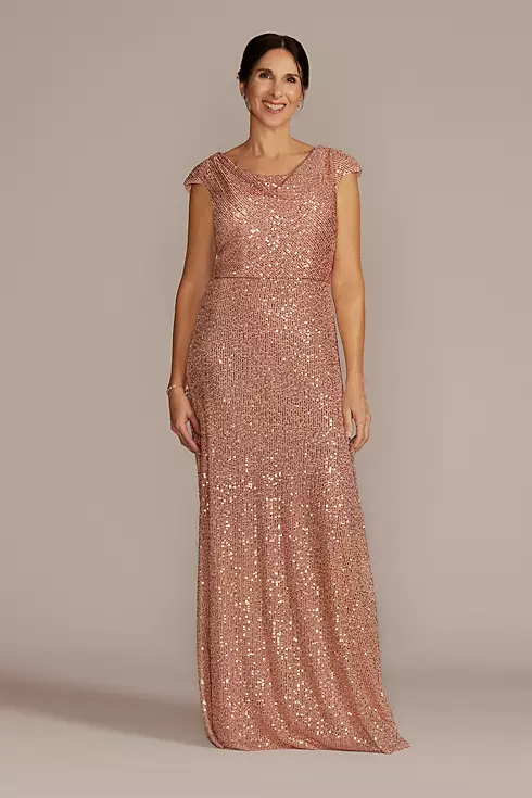 Cowl Neck Cap Sleeve Allover Sequin Gown Image 1