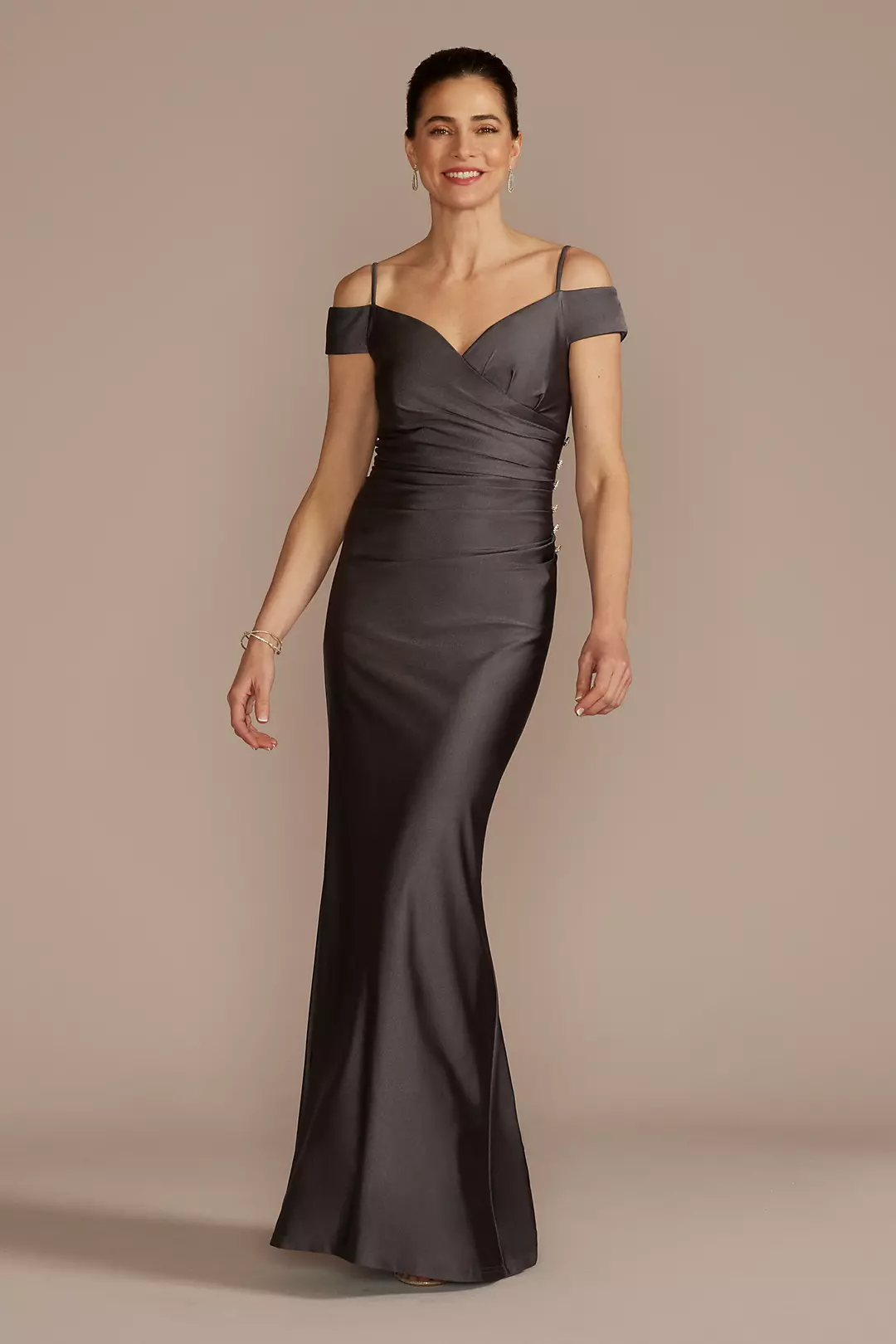 Off-the-Shoulder Ruched Sheath with Buttons | David's Bridal Off-the-Shoulder Ruched Sheath with Buttons | David's Bridal