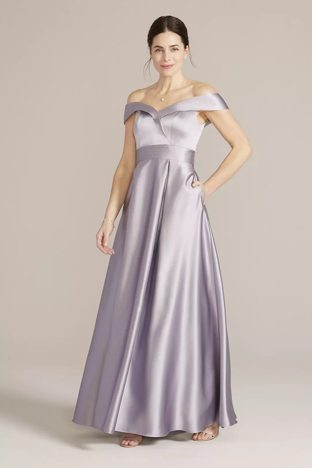 Off-the-Shoulder Pleated Satin A-Line Image