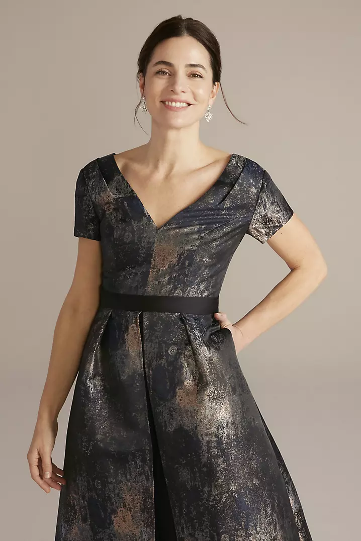 Crepe Jumpsuit with Brocade Skirt Overlay | David's Bridal Crepe Jumpsuit with Brocade Skirt Overlay | David's Bridal