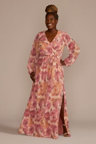 Long Sleeve Floral Chiffon Maxi Dress with Slit | David's Bridal