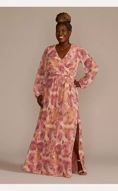 Long Sleeve Floral Chiffon Maxi Dress with Slit