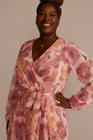 Long Sleeve Floral Chiffon Maxi Dress with Slit | David's Bridal