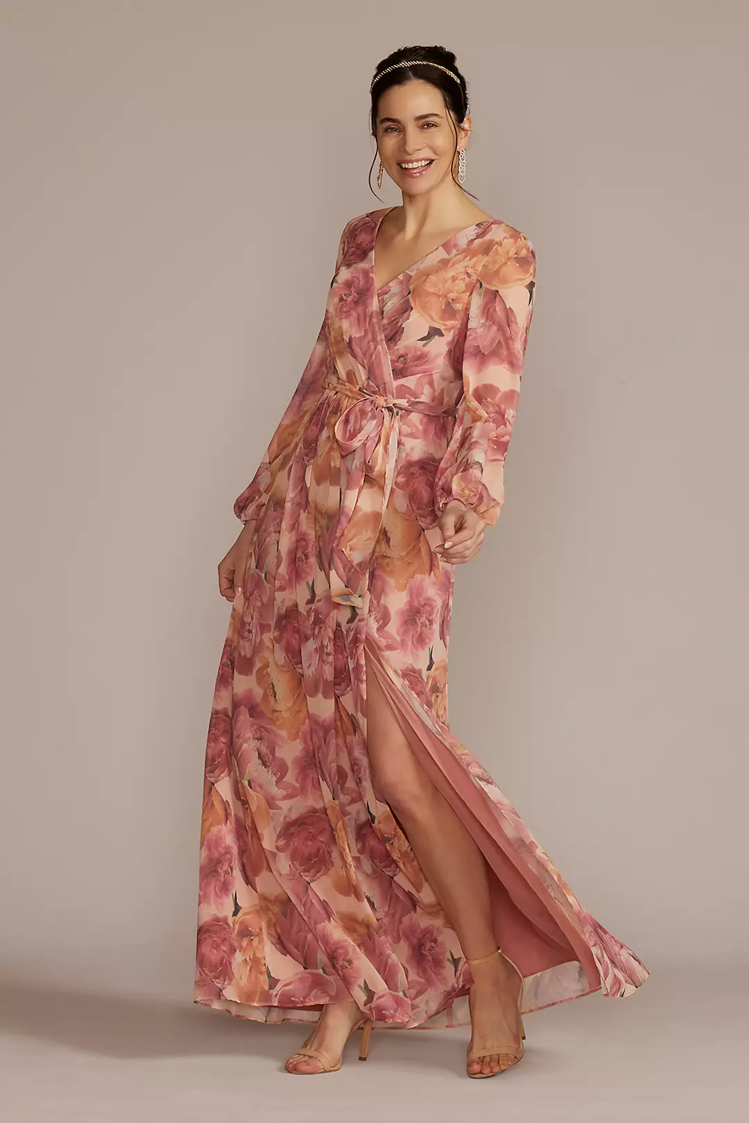 Oleg Cassini Long Sleeve Floral Chiffon Maxi Dress with Slit D40NY22366 Rose 8 Missy - Rose, 8