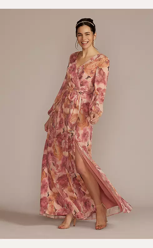 Long Sleeve Floral Chiffon Maxi Dress with Slit