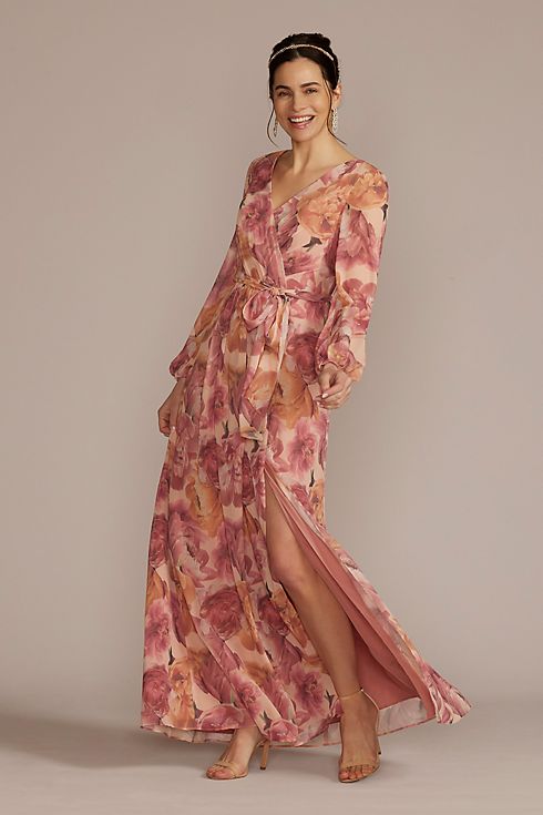 Long Sleeve Floral Chiffon Maxi Dress with Slit | David's Bridal