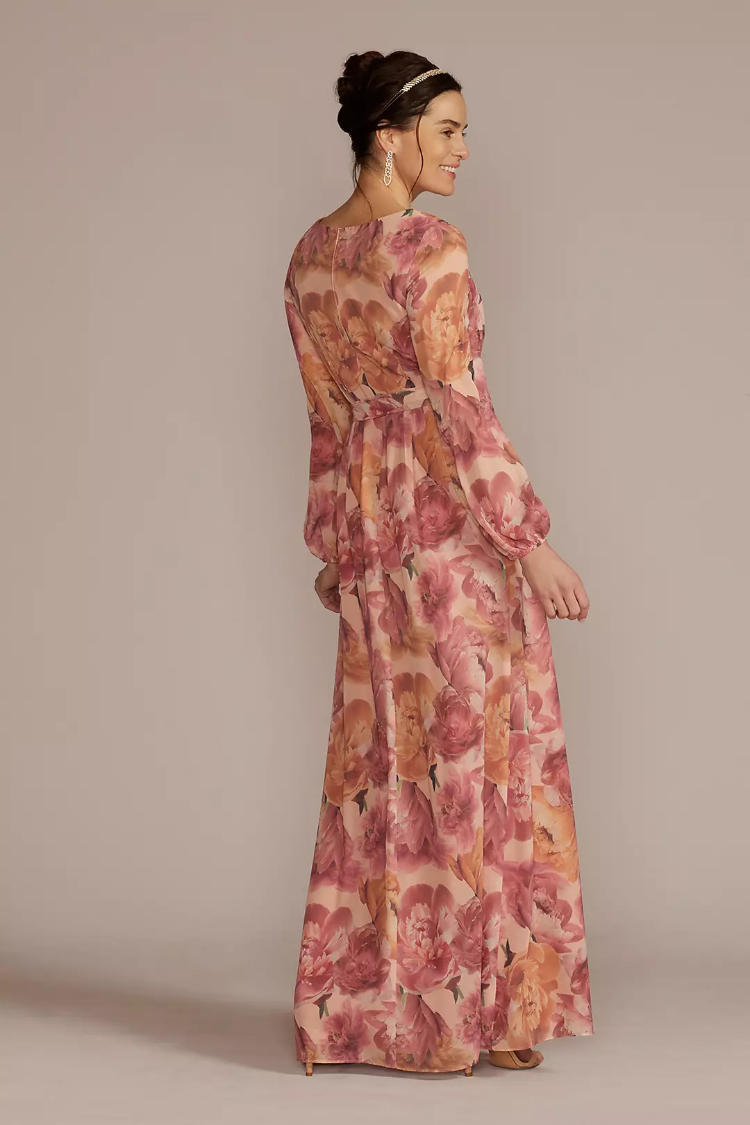Long Sleeve Floral Chiffon Maxi Dress with Slit Image 2