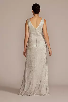 Plus Size V-Neck Metallic Sheath with Skirt Slit | David's Plus Size V-Neck Metallic Sheath with Skirt Slit | David's