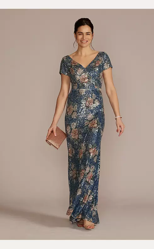 Short Sleeve Allover Sequin Floral A-Line | David's Bridal