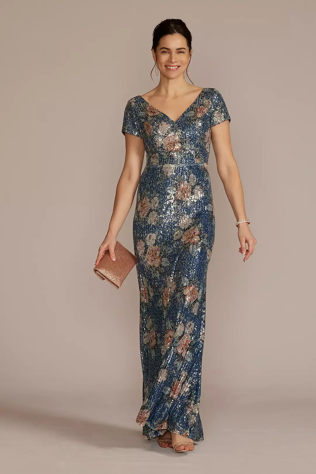 Short Sleeve Allover Sequin Floral A-Line Image