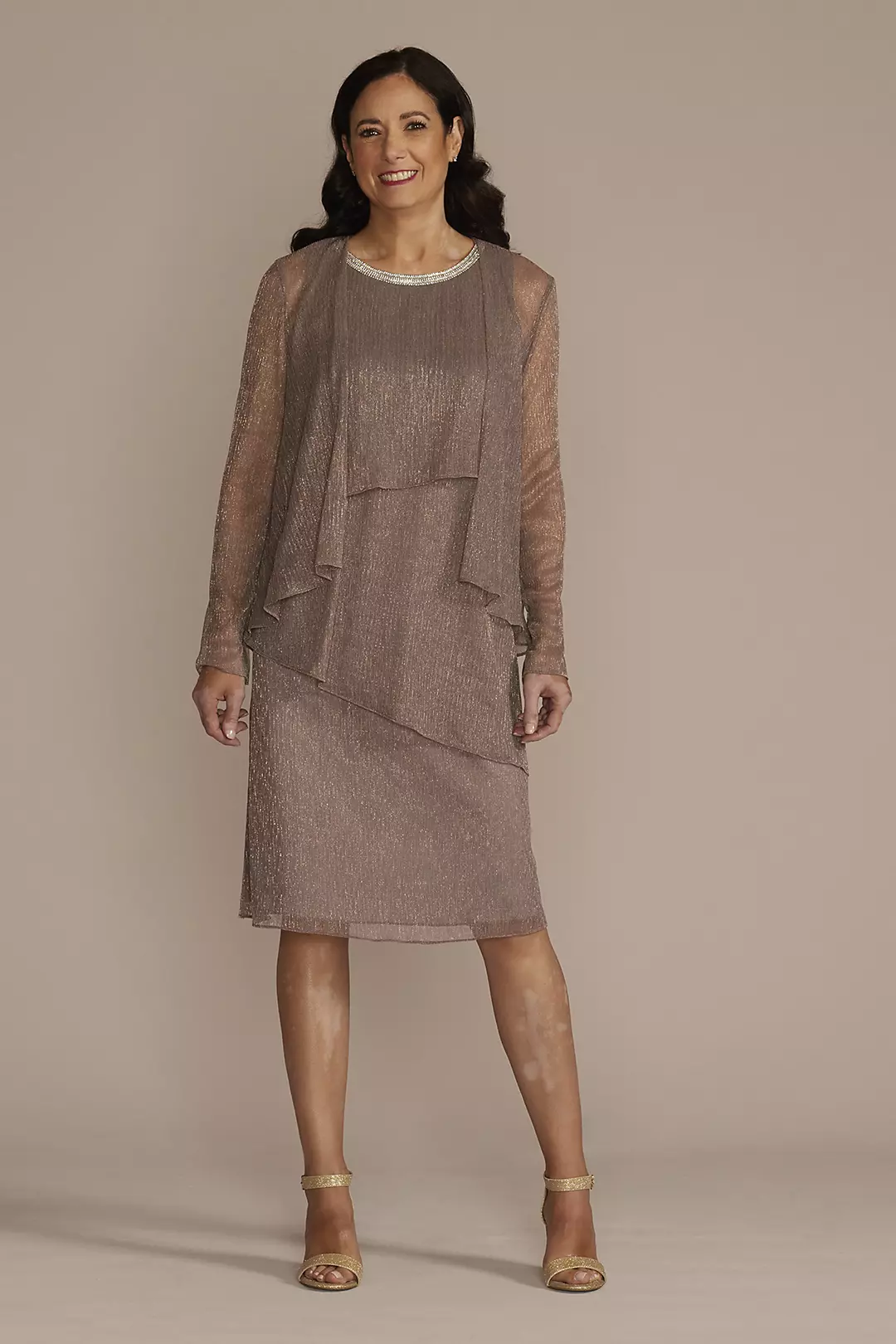 Tiered Metallic Jacket Dress with Rhinestone Trim | David's Tiered Metallic Jacket Dress with Rhinestone Trim | David's