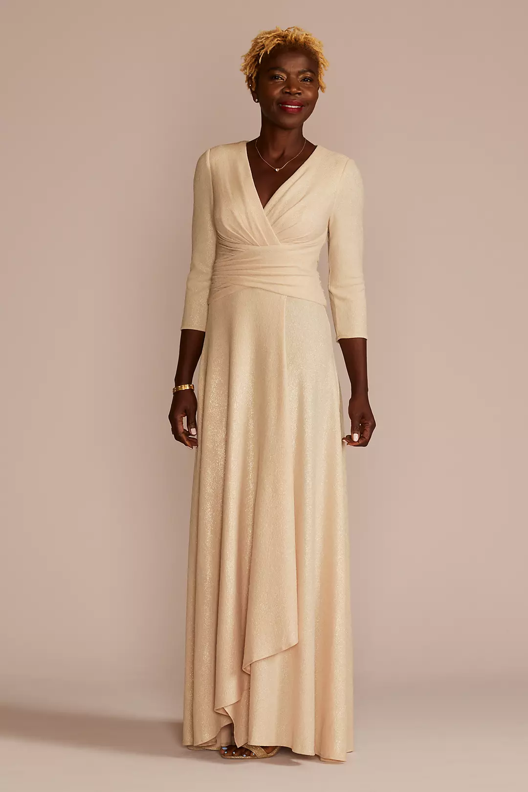 Three-Quarter Sleeve Metallic A-Line Wrap Dress Image