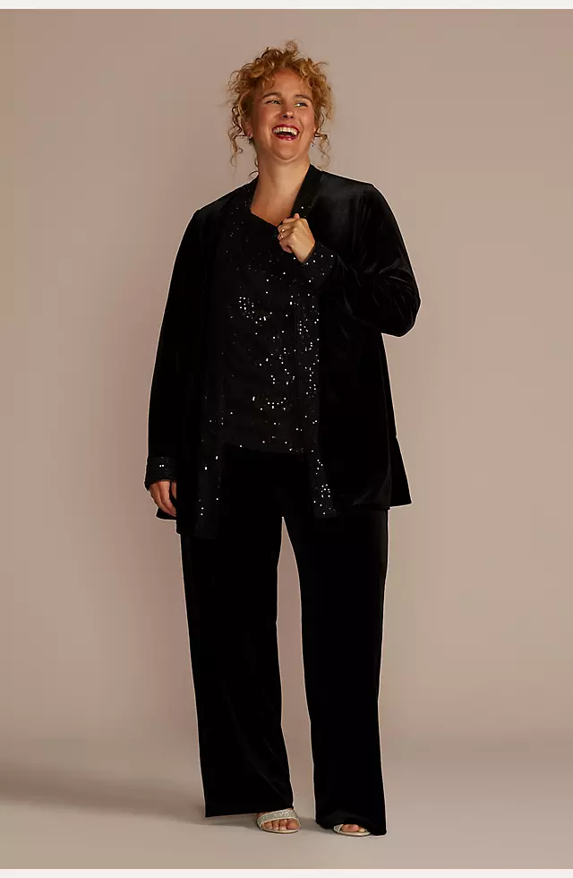 Plus Size Long Sleeve Velvet Sequin Pantsuit Image