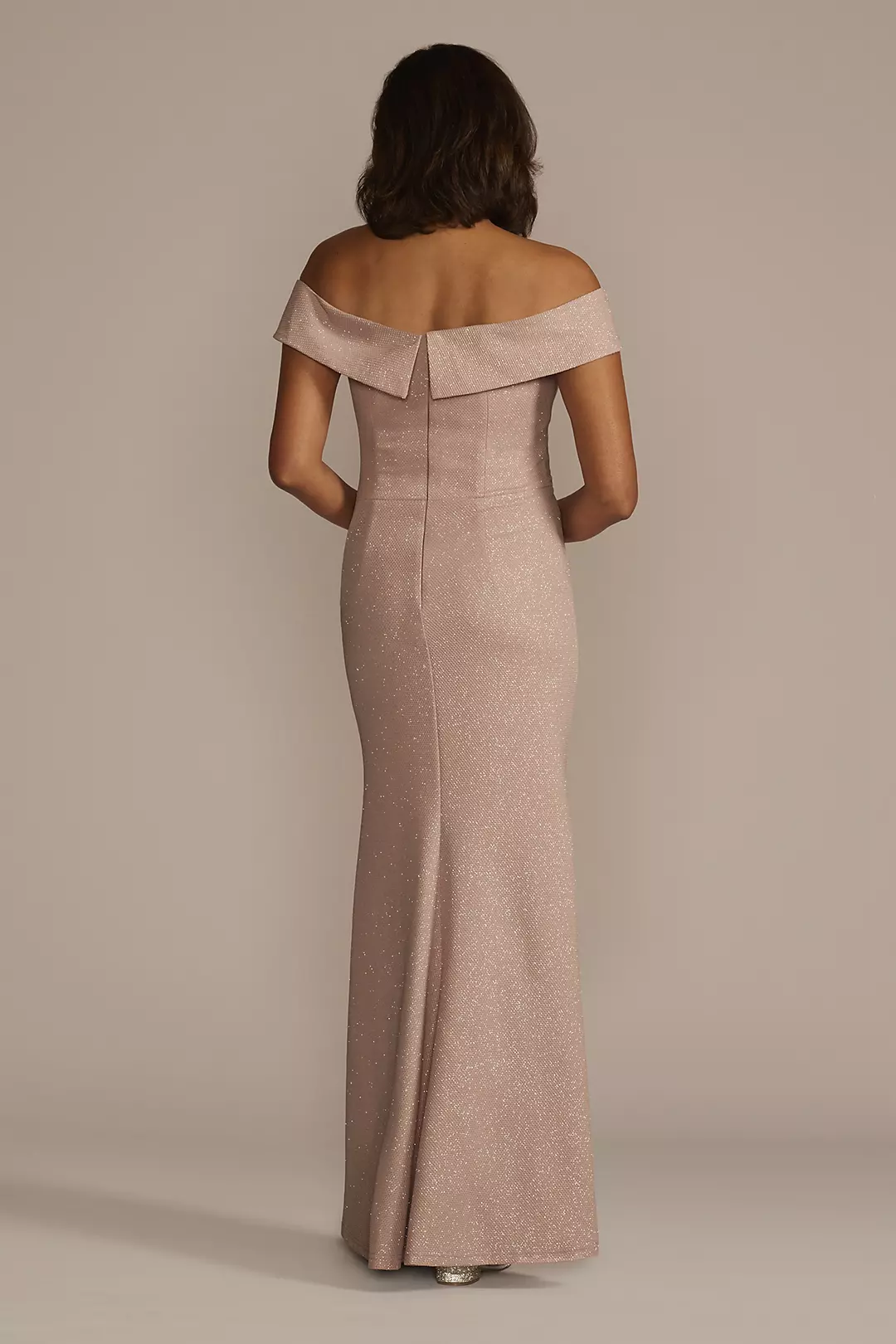 Off-the-Shoulder Draped Glitter Knit Sheath | David's Bridal Off-the-Shoulder Draped Glitter Knit Sheath | David's Bridal