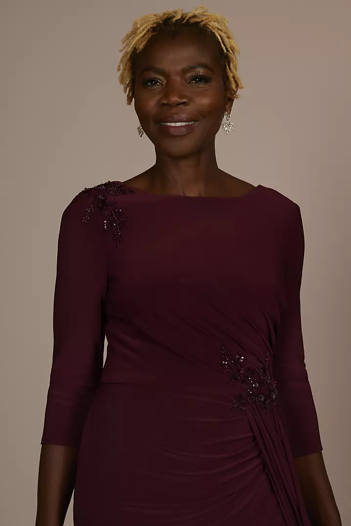 Three-Quarter Sleeve Embroidered Jersey Sheath | David's Bridal Three-Quarter Sleeve Embroidered Jersey Sheath | David's Bridal