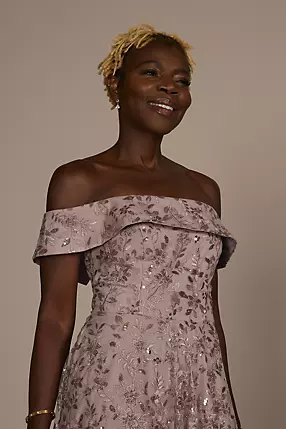 Off-the-Shoulder Embroidered Sparkle A-Line | David's Bridal Off-the-Shoulder Embroidered Sparkle A-Line | David's Bridal