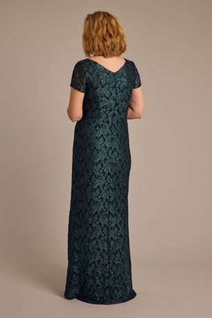 Scoop Neck Gathered Lace Sheath Dress with Slit