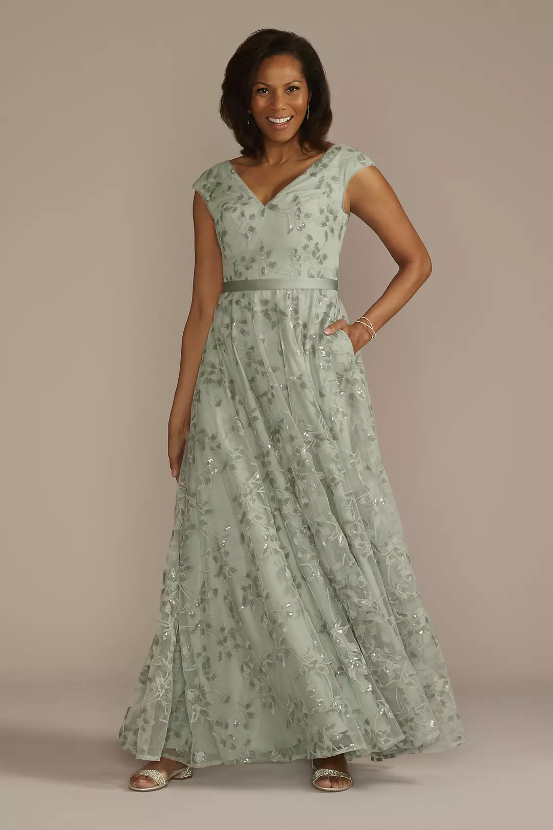 Sequin Floral Cap Sleeve A-Line Dress | David's Bridal