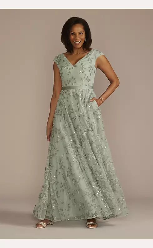 Sequin Floral Cap Sleeve A-Line Dress Image 1