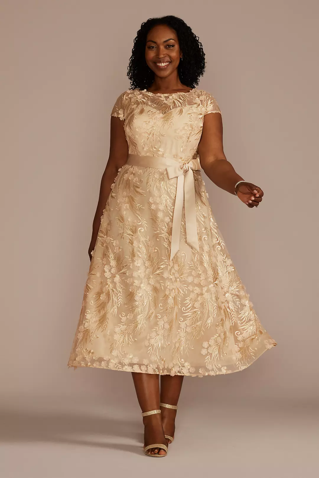 Short Sleeve A-Line Dress with 3D Flowers and Sash Image