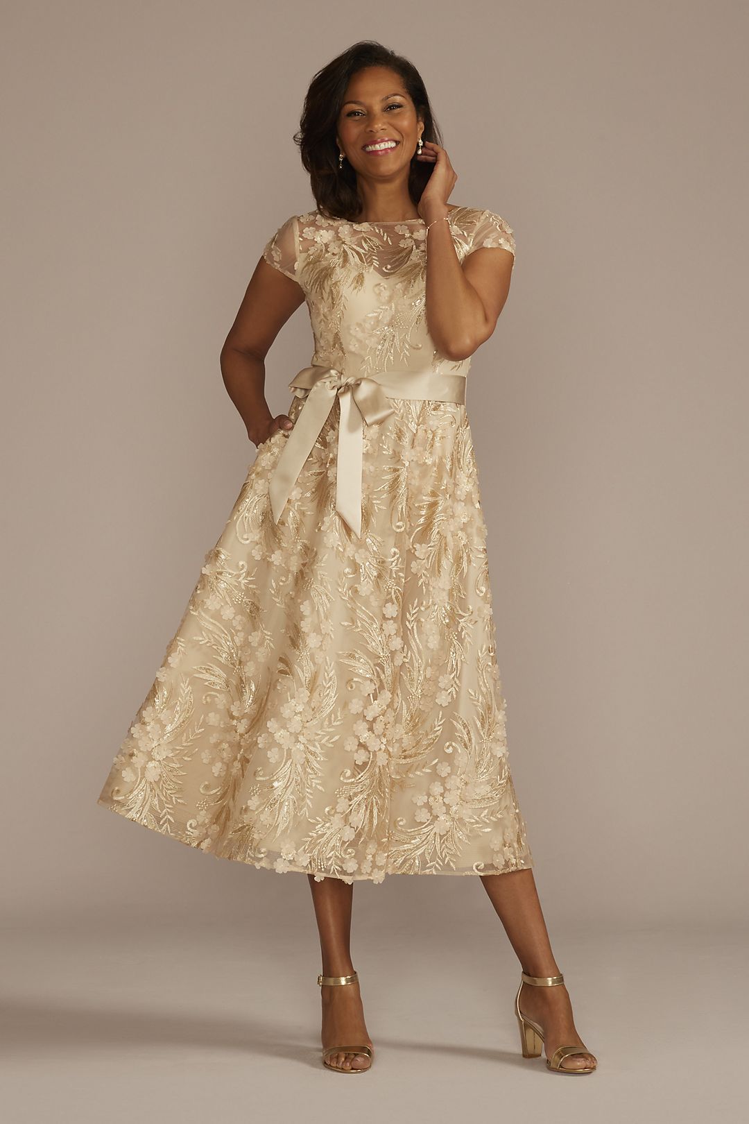 Short Sleeve A-Line Dress with 3D Flowers and Sash Image 1