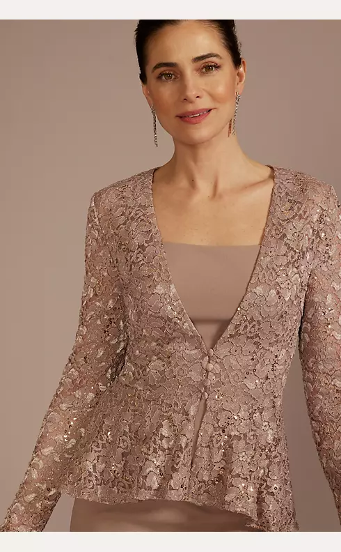 Short Crepe Sheath Dress with Lace Peplum Jacket | David's Bridal