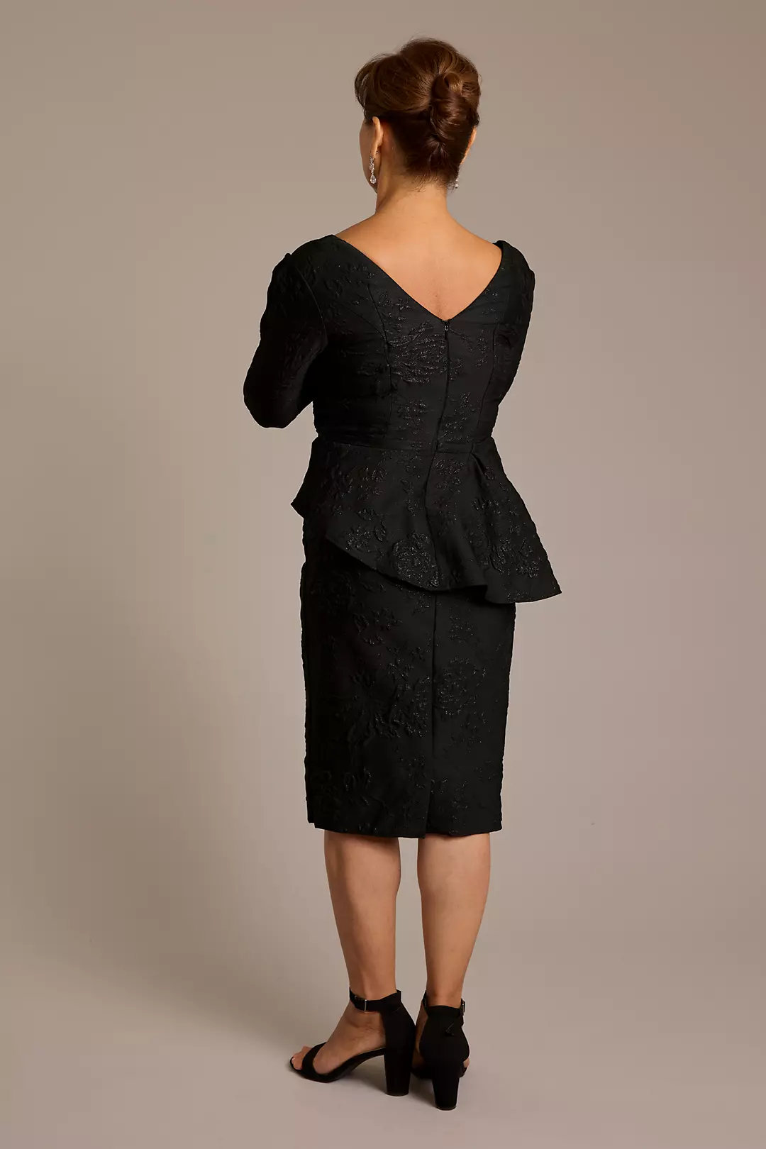 Stretch Jacquard Short Peplum Dress with Sleeves | David's Stretch Jacquard Short Peplum Dress with Sleeves | David's