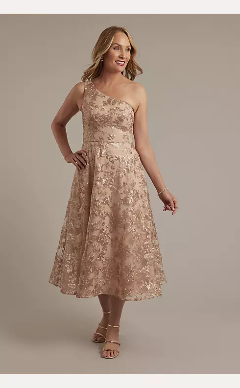 One-Shoulder Embroidered Tea-Length Dress