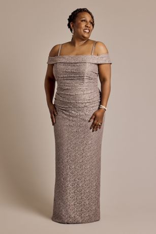 Off-the-Shoulder Ruched Lace Sheath Dress | David 