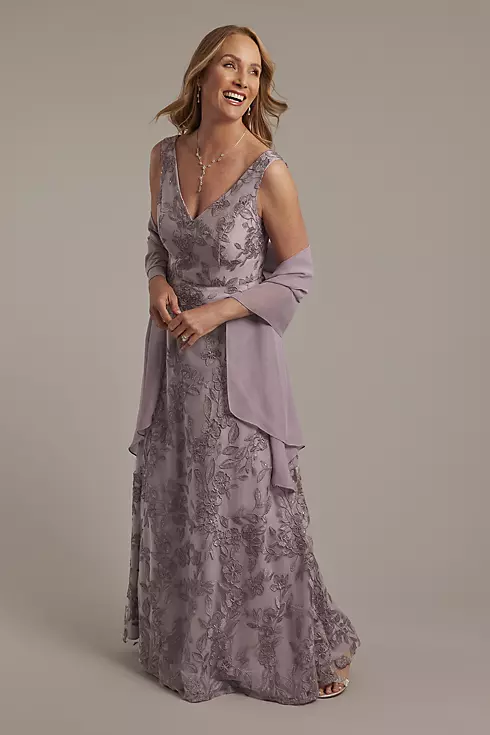 Embroidered A-Line Tank Dress with Chiffon Wrap Image 1