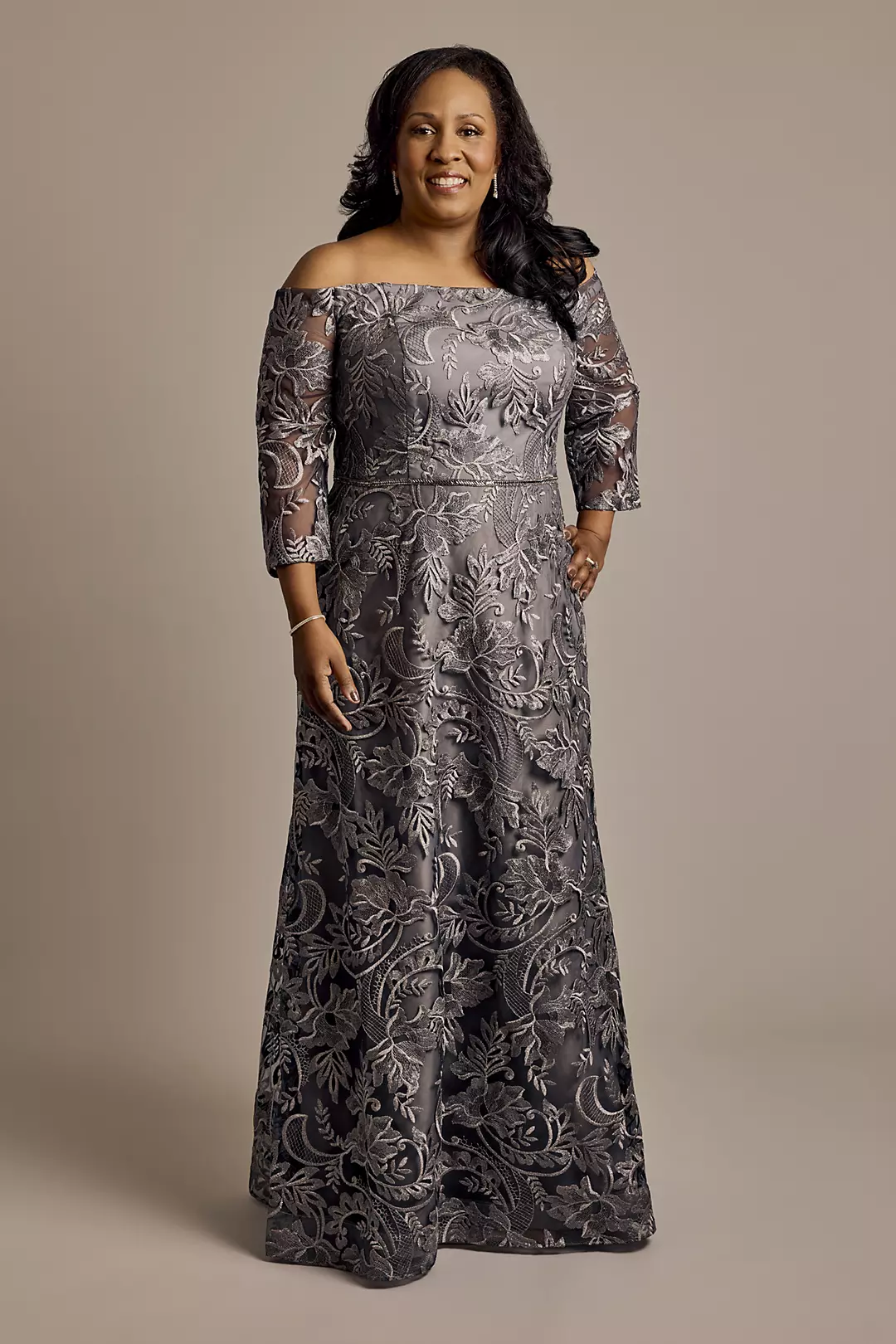 Three-Quarter Sleeve Metallic Embroidered Dress | David's Bridal Three-Quarter Sleeve Metallic Embroidered Dress | David's Bridal
