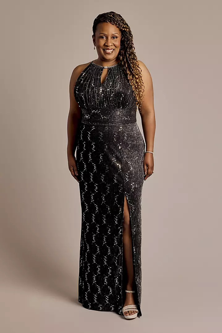 Metallic Sequin Keyhole Neckline Sheath Dress | David's Bridal Metallic Sequin Keyhole Neckline Sheath Dress | David's Bridal