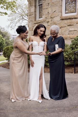 Glitter Knit Keyhole Sheath with Flutter Sleeve | David's Bridal