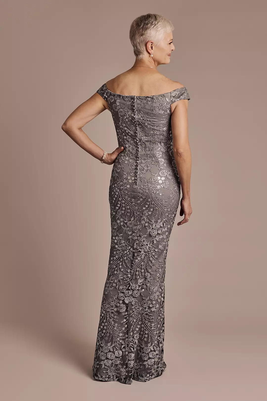 Off-the-Shoulder Sequin Embroidered Sheath Dress | David's Off-the-Shoulder Sequin Embroidered Sheath Dress | David's