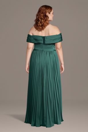 Pleated Matte Satin Off-the-Shoulder A-Line Dress