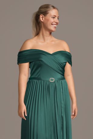 Pleated Matte Satin Off-the-Shoulder A-Line Dress