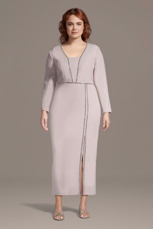 Jeweled Crepe Long-Sleeve Sheath Dress