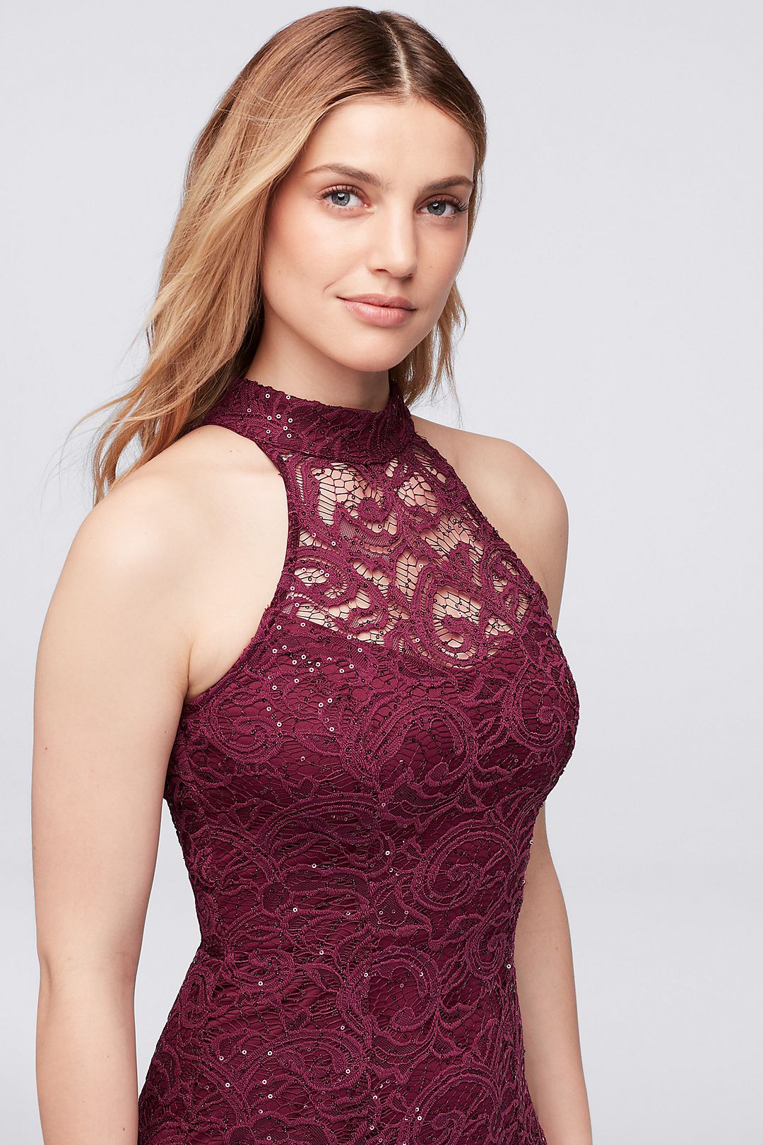 High-Neck Lace Mini Dress with Ladder Back Detail Image 3