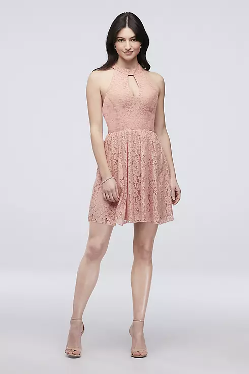 Lace A-Line Halter Short Dress with Keyhole Neck Image 1