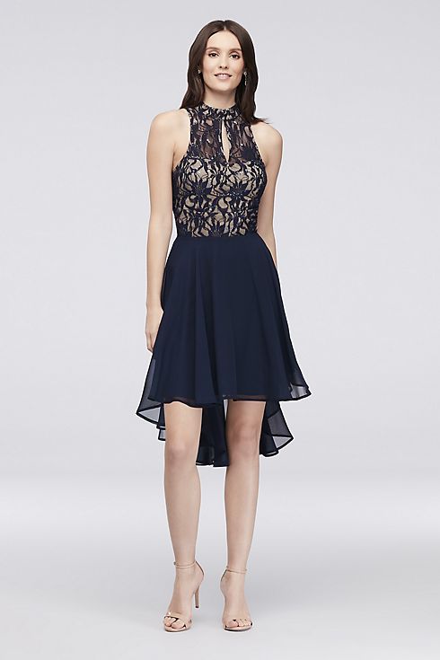 Sequin and Lace A-line Dress with High-Low Hem Image