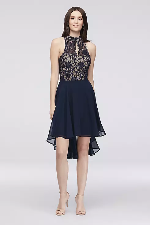 Sequin and Lace A-line Dress with High-Low Hem Image 1