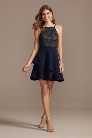 short chiffon homecoming dress with lace racerback