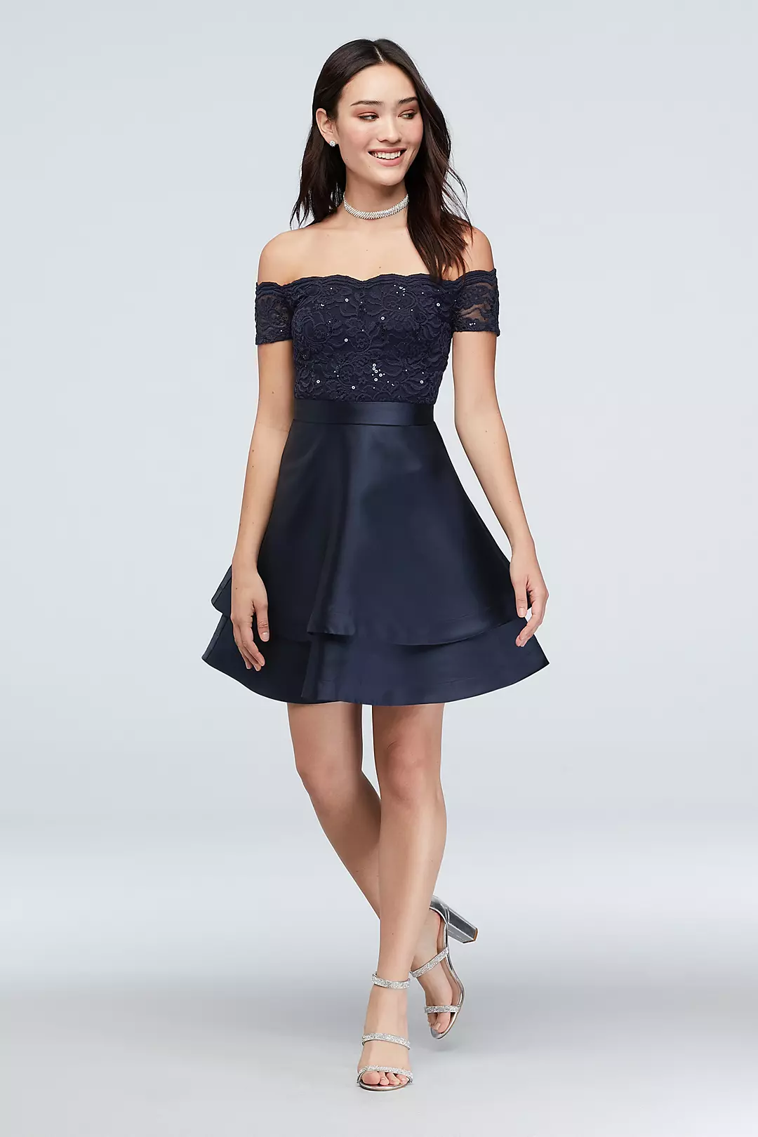 Off-the-Shoulder Lace and Satin Double Hem Dress Image