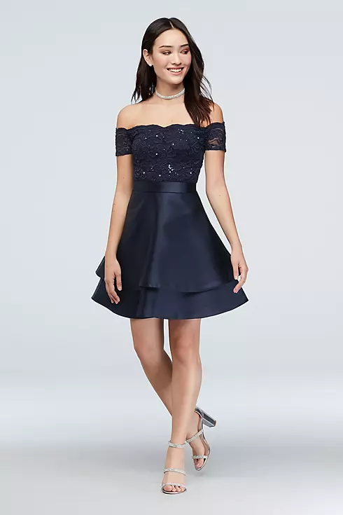 Off-the-Shoulder Lace and Satin Double Hem Dress Image 1