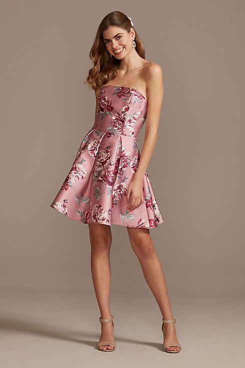 Strapless Floral Printed Satin Fit-and-Flare Dress Image 1
