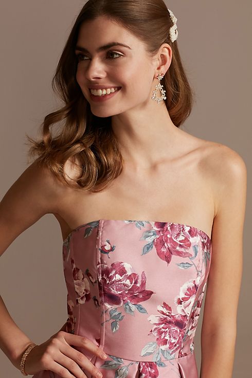 Strapless Floral Printed Satin Fit-and-Flare Dress Image 3