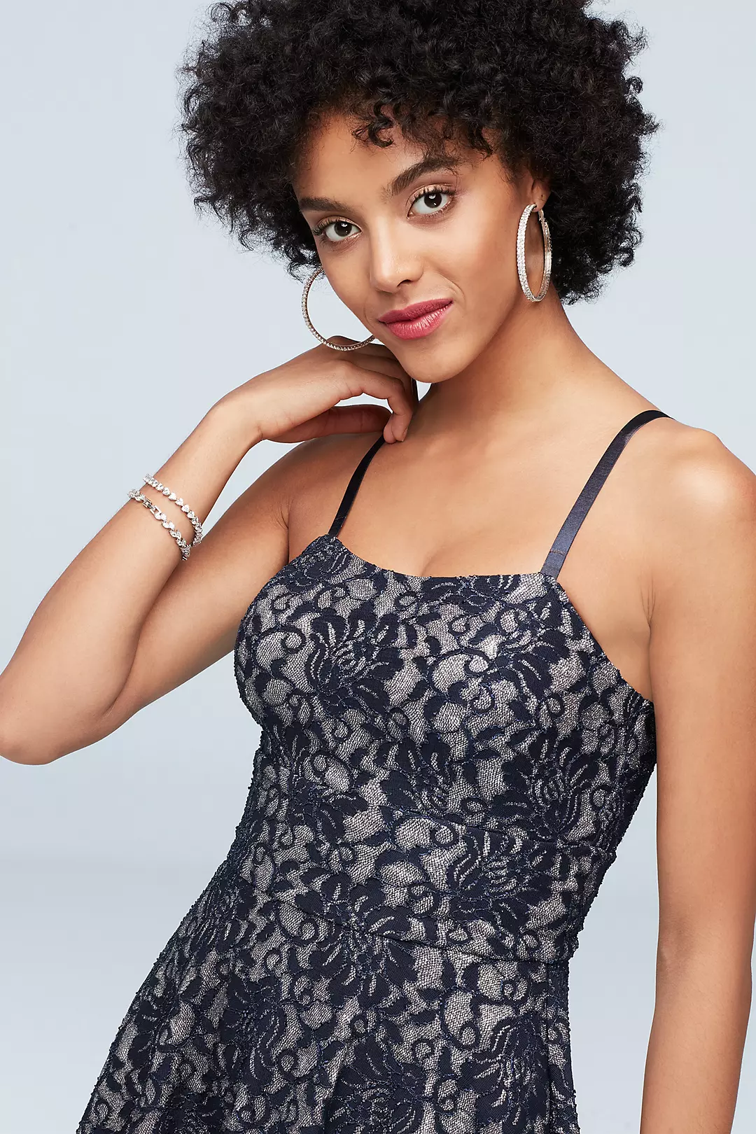 Glitter Lace Applique Fit-and-Flare Mini Dress | David's Bridal Glitter Lace Applique Fit-and-Flare Mini Dress | David's Bridal