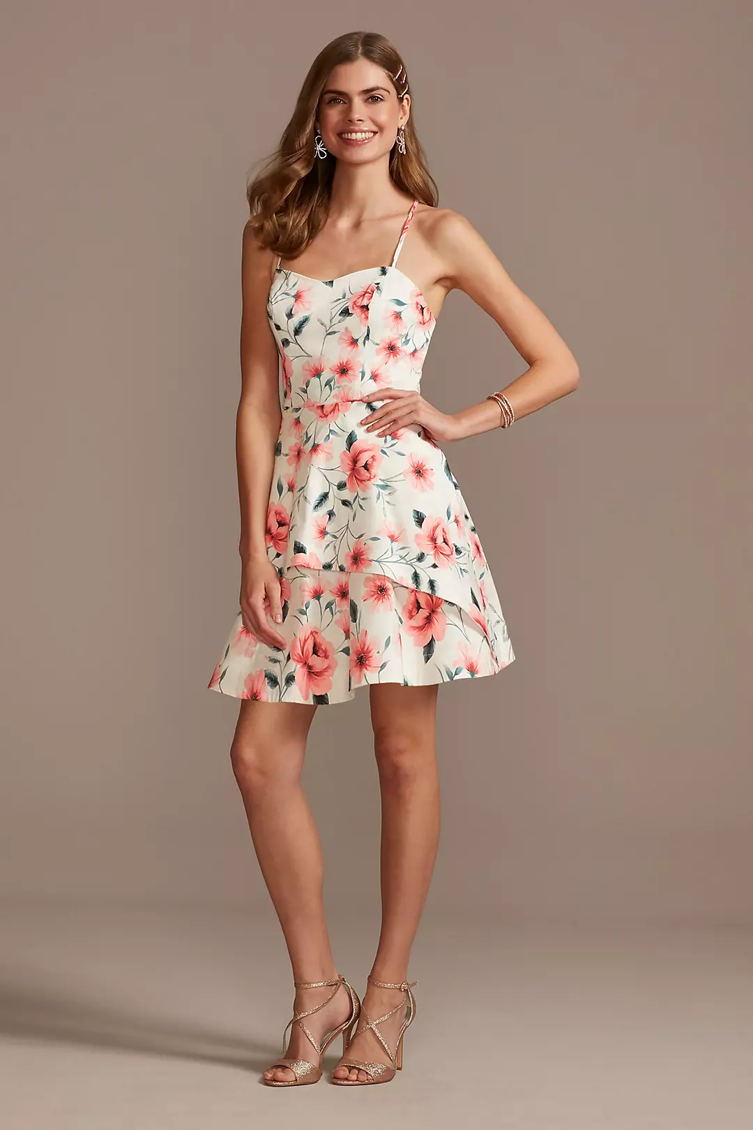 Cotton Sateen Short Floral Printed Layered Dress Image