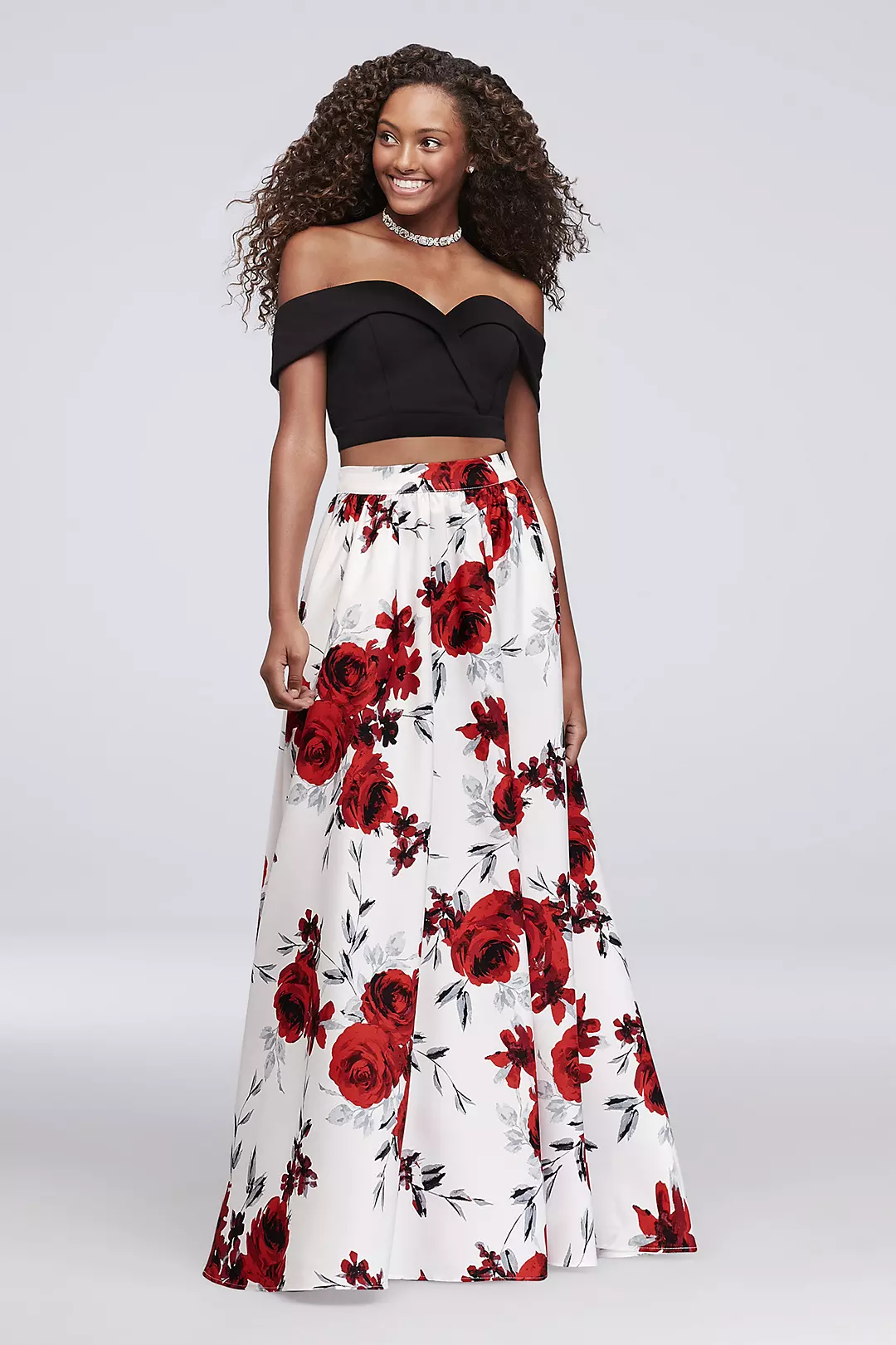 Floral-Printed Satin and Lace Two-Piece Dress Image